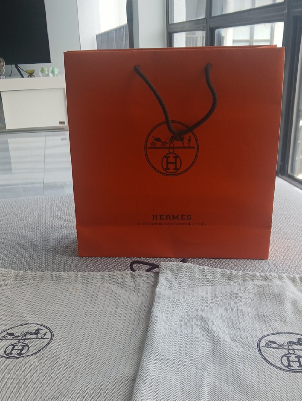 Hermes Orange Shopping Bag with Black Logo and Rope Handles